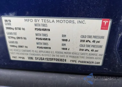 2015 Tesla Model S 70D/85D/P85D z USA, uszkodzony, nr VIN 5YJSA1S20FF093624